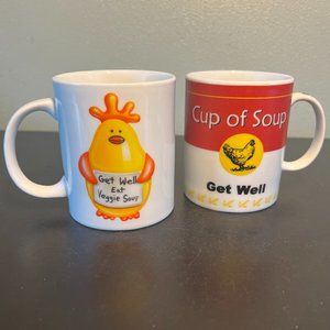 Set of 2 Cup of Soup Ceramic Mugs with "Get Well" Messages / Chicken Soup